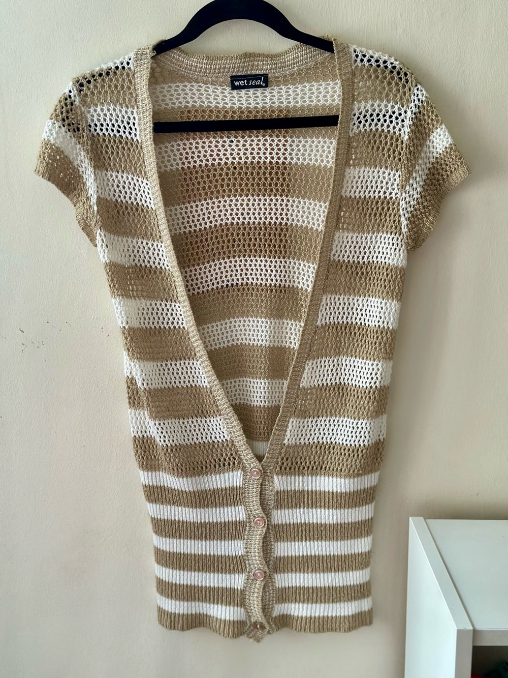 Y2K Wet Seal Cream & Tan v-neck Striped Short Sleeve Open front Knit Cardigan